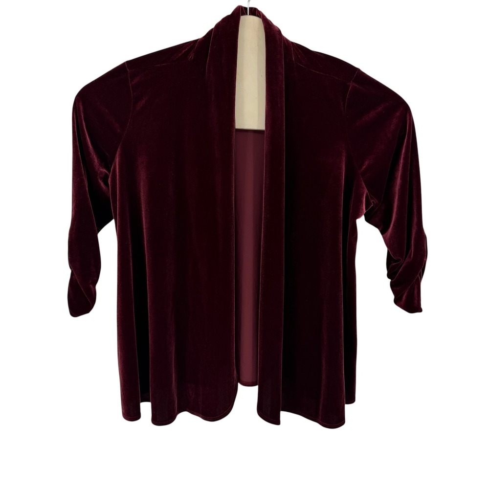 Susan Graver Velvet Cardigan Women Large Burgundy Ruched Sleeve Open Front Party
